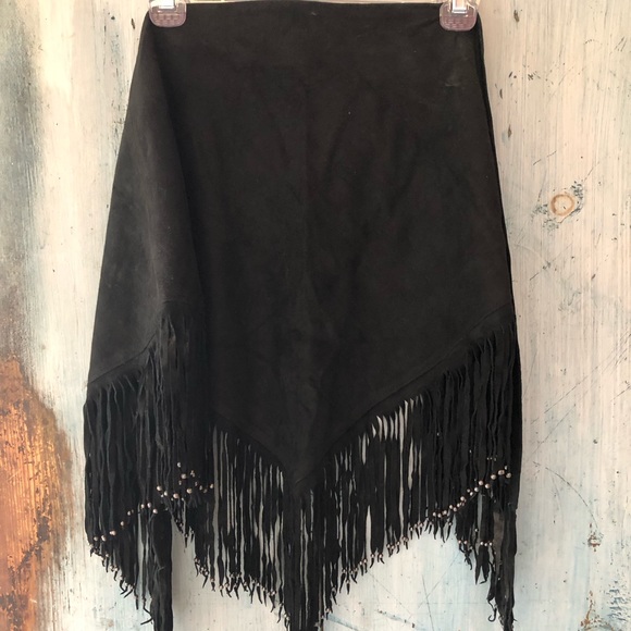Black suede fringed wrap with silver beads made in the USA; dress it up or down - Picture 7 of 13